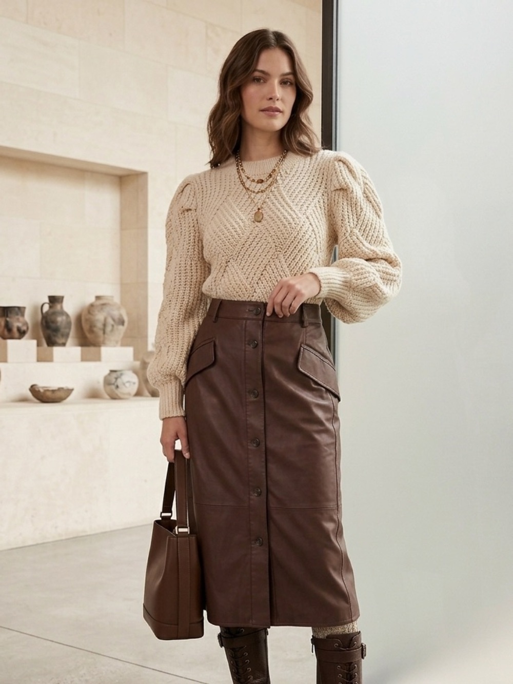 Banana Republic Vegan Leather Button Front Midi Skirt Brown Petite 8 A-Line
